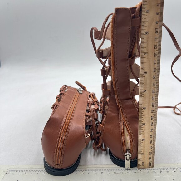 YDN Brown Ankle High Gladiator Sandals for Women Lace up Open toe Flat Zips Shoe - Picture 5 of 8
